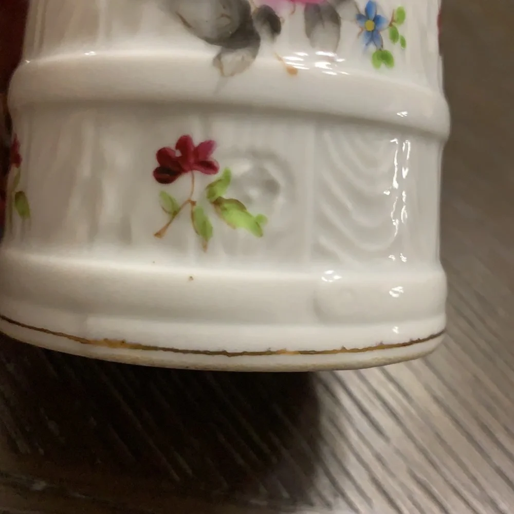 Bone China with faux bois handle with floral barrel creamer pitcher